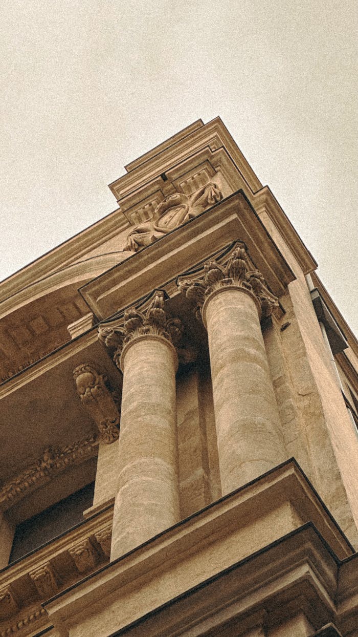Low angle view of classical architecture with columns in İstanbul, Türkiye.